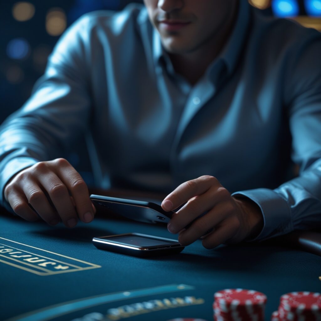 A person wearing a blue shirt, holding a smartphone in one hand while the other phone is placed on the casino table, suggesting they are engaged in a mobile gaming or casino activity. The background is dark, creating a focused atmosphere.