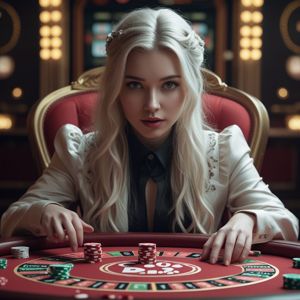 A woman sitting at a casino table with poker chips in front of her, focused on the game. She has long blonde hair and is wearing a white blouse with a black collar, giving a serious and professional look.