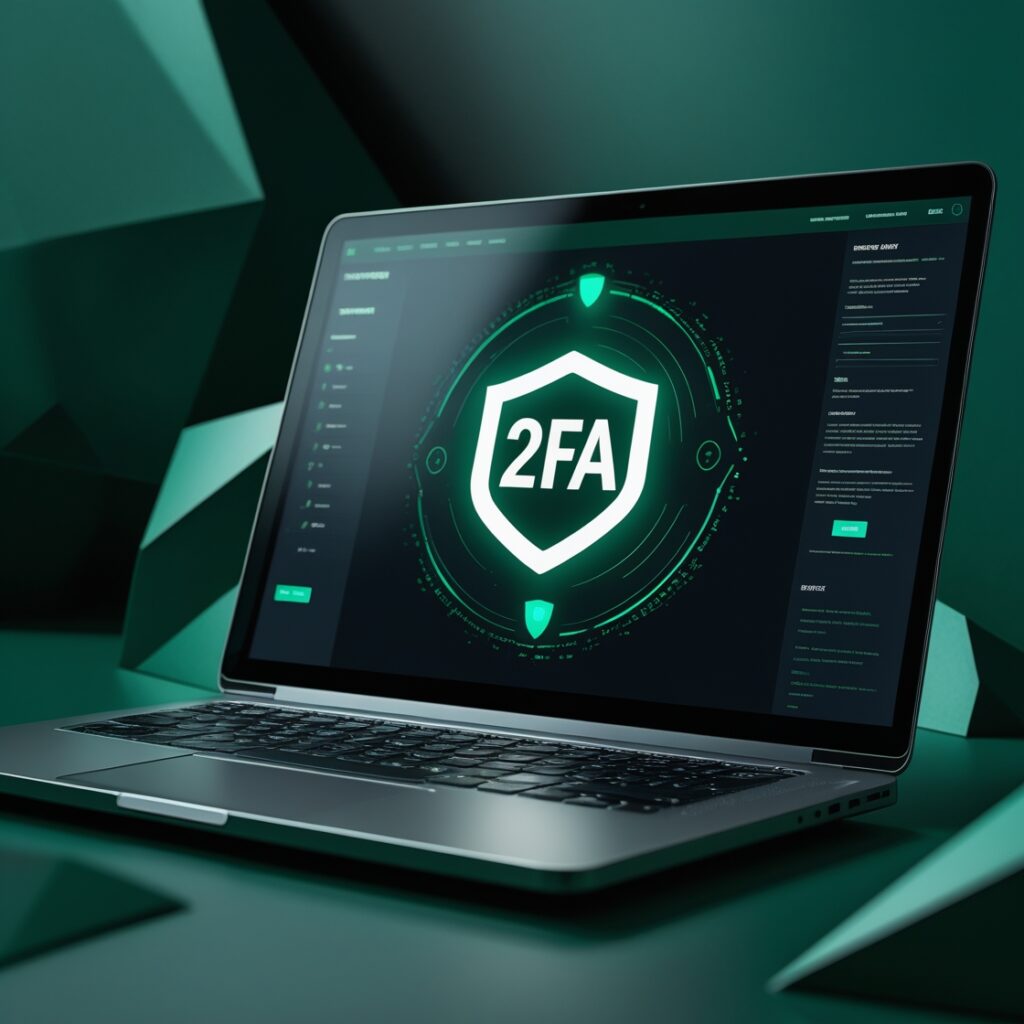 A laptop screen displaying a digital 2FA (Two-Factor Authentication) security shield with a futuristic design, emphasizing a secure login or verification process.